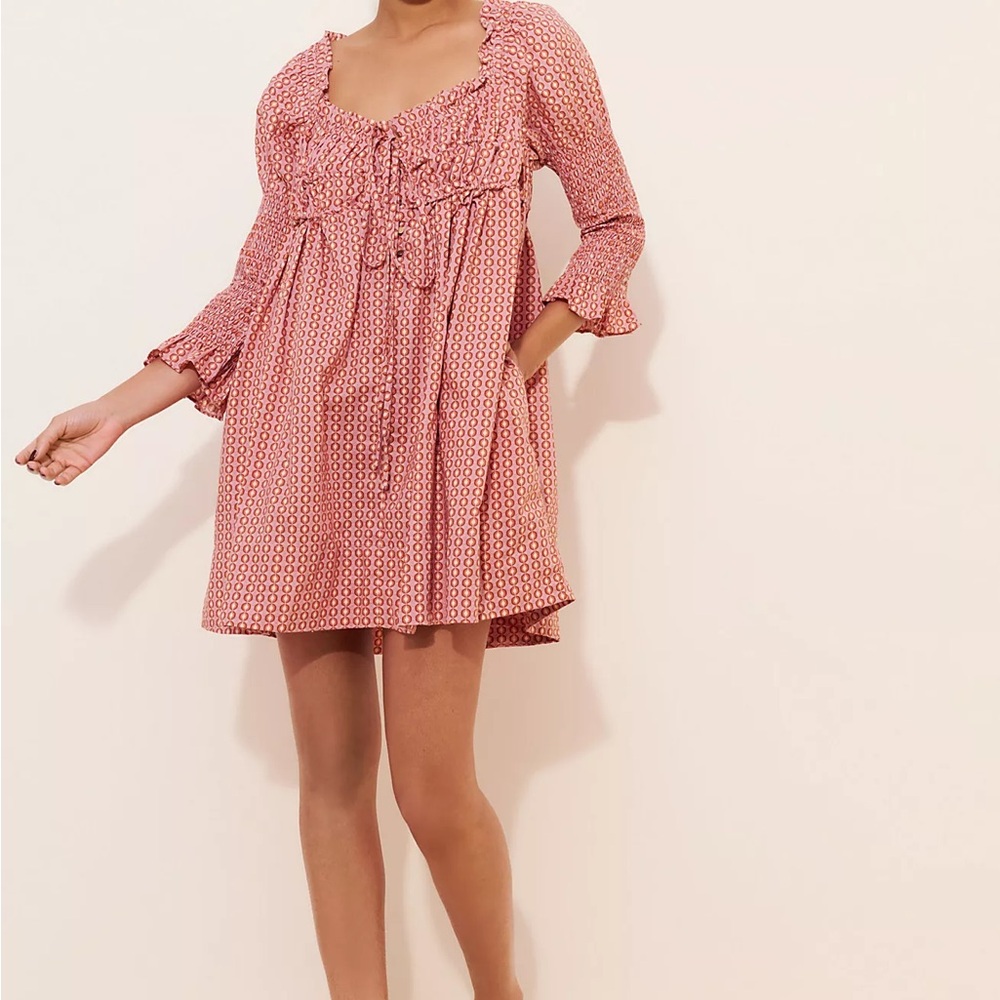 Free People Rose-Pink Geo Print Smocked Mini Dress